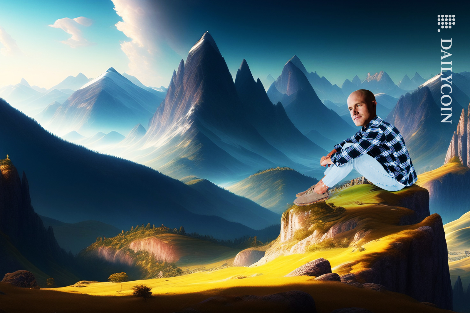 Brian Armstrong sitting on a small hill sideways, waiting, as mountain peaks in a background.