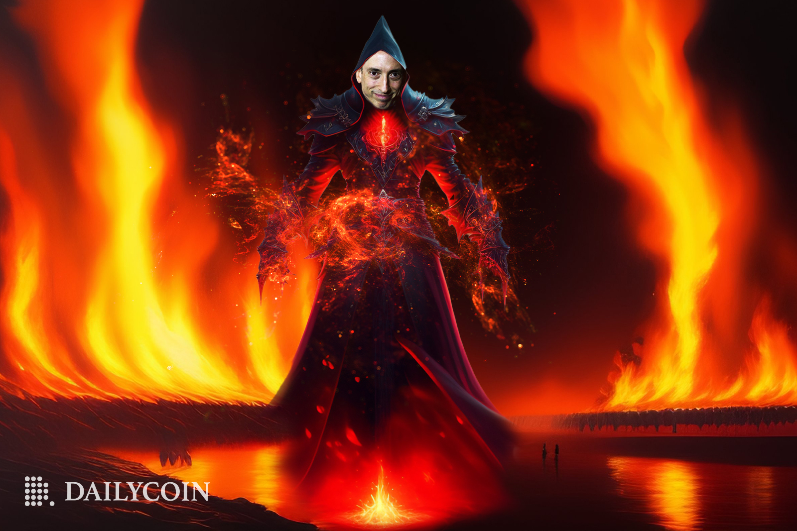 Gary Gensler wearing dark hoodie surrounded by flames.