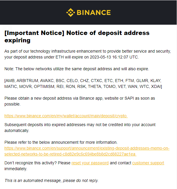 Official email from Binance notifying users about their deposit addresses.