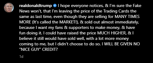 Trump's Instagram Post about the second NFT collection's prices.
