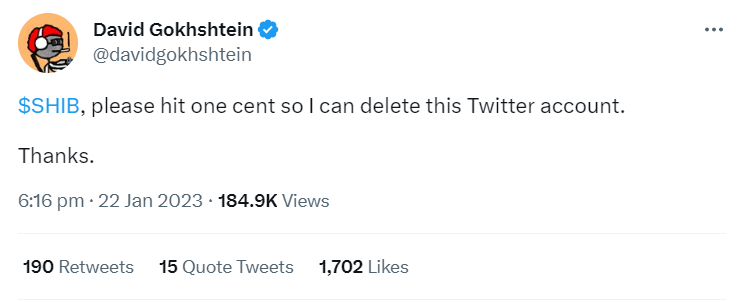 Shib 0.01 Tweet Gokhshtein tweet that says he'll delete his twitter account if SHIB hits $0.01