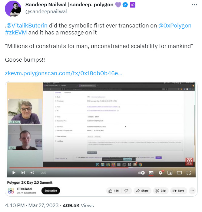 Tweet showing Vitalik sign the first tx on Polygon zkEVM