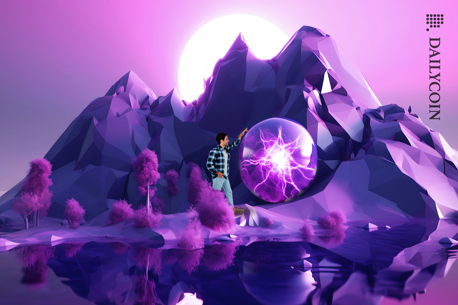 Man standing in a purple land and touching a massive electricity ball with his finger.