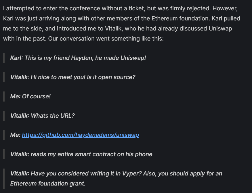 Conservation between Uniswap founder and Vitalik Buterin.