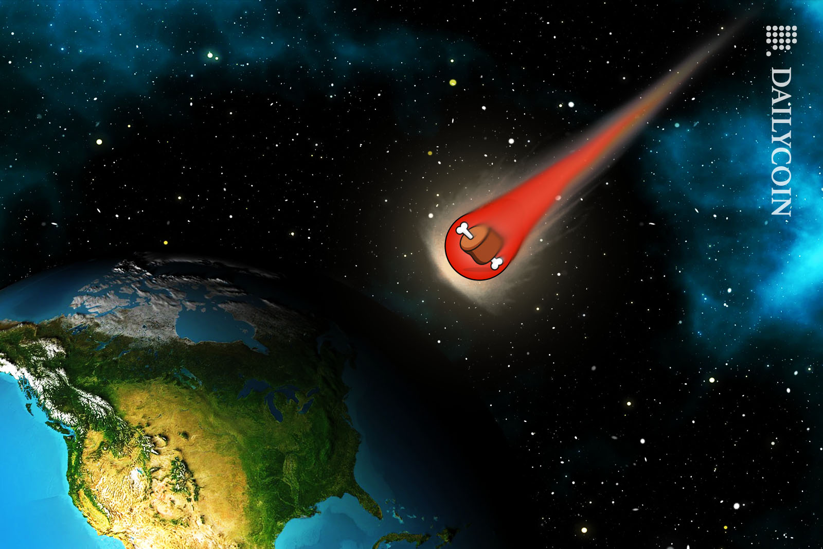 A meteorite in the shape of a BONE logo spiraling down from space with high speed.