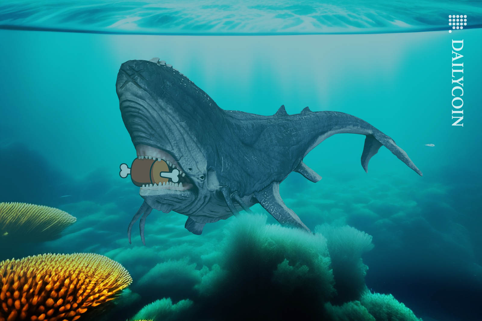 A monstrous whale chewing on a big piece of cartoon ham in a coral reef.