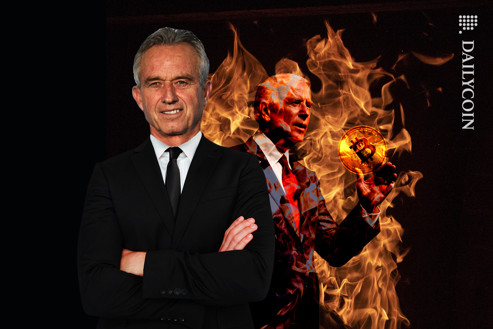 RFK Jr. standing forward and grinning in front of Joe Biden on fire who is holding a Bitcoin.