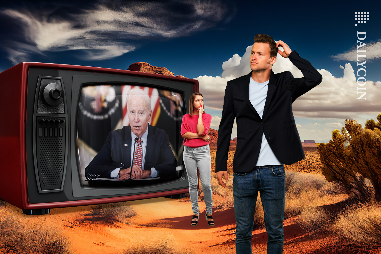 Big television in the desert showing Biden talking. Two people standing looking confused.