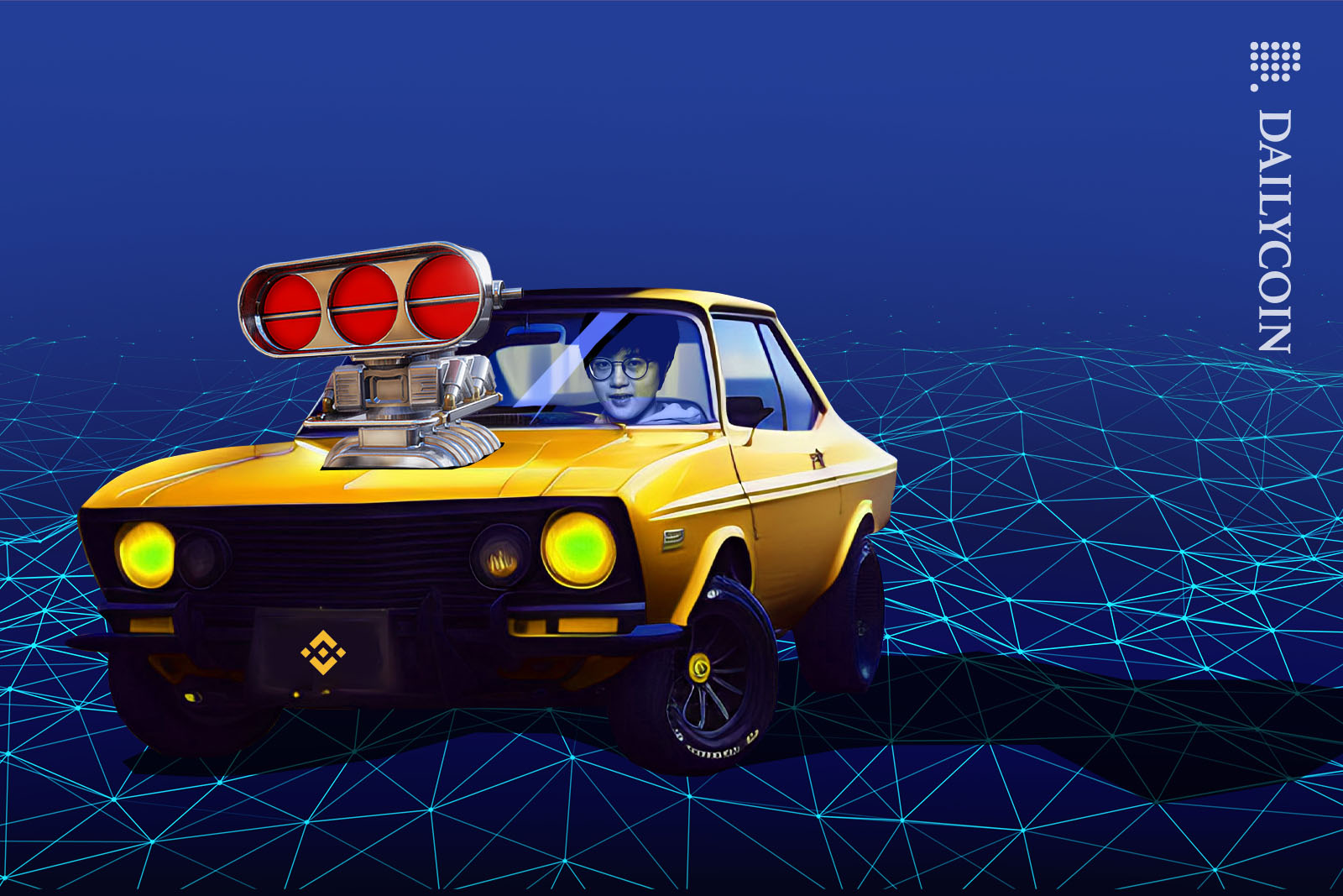 Zoe Wei sitting in a tuned up cheap car with a monster engine on a blockchain.