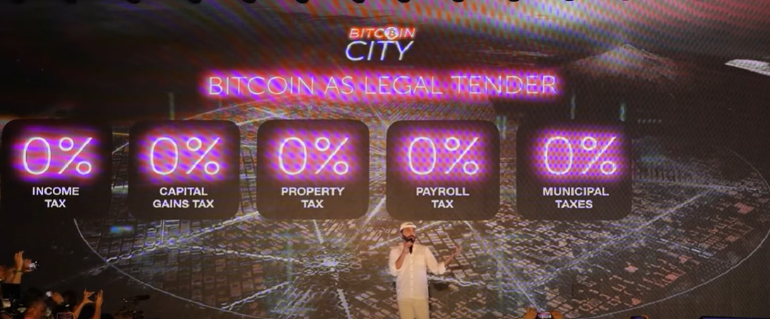 Nayib Bukele presents 0% tax rates in Bitcoin city.