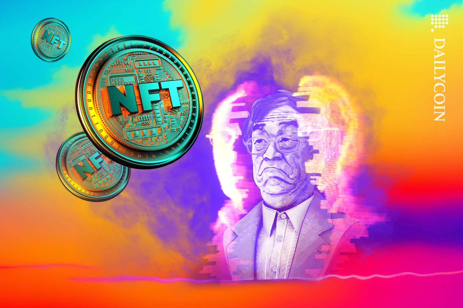 Hologram image of Satoshi Nakamoto admiring some NFT coins floating on the sky.