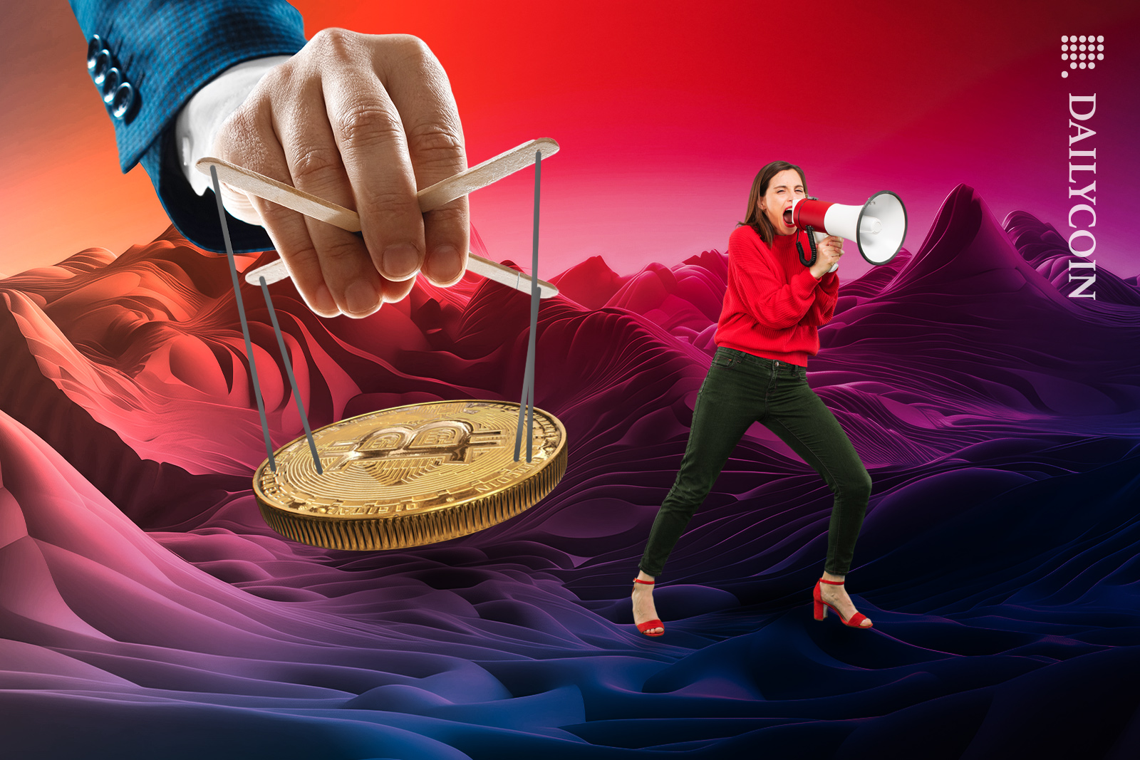 Puppet master hand is controlling Bitcoin on strings in mountain view while a lady is screaming on a megaphone.