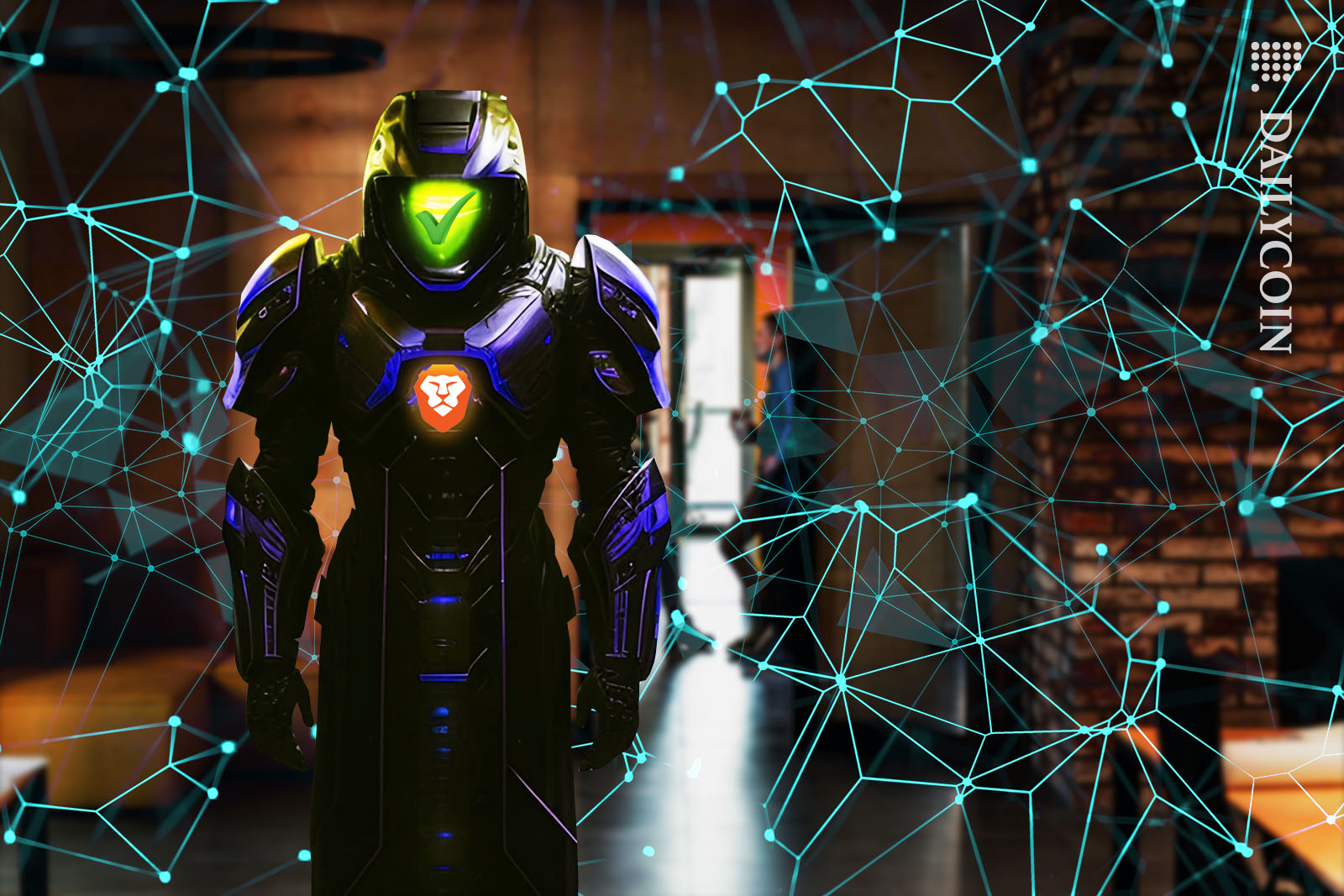 An NFT doorman blockchain robot blocking the way to the office.