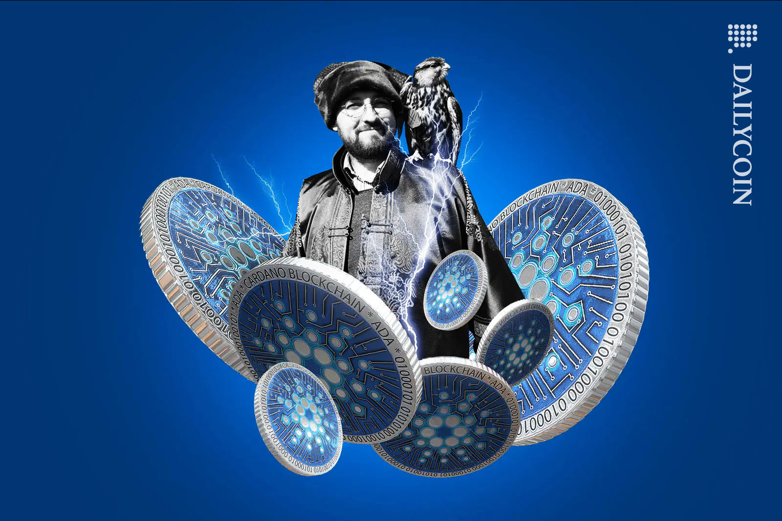 Charles Hoskinson floating between Cardano coins and lightning with a hawk on his shoulder.
