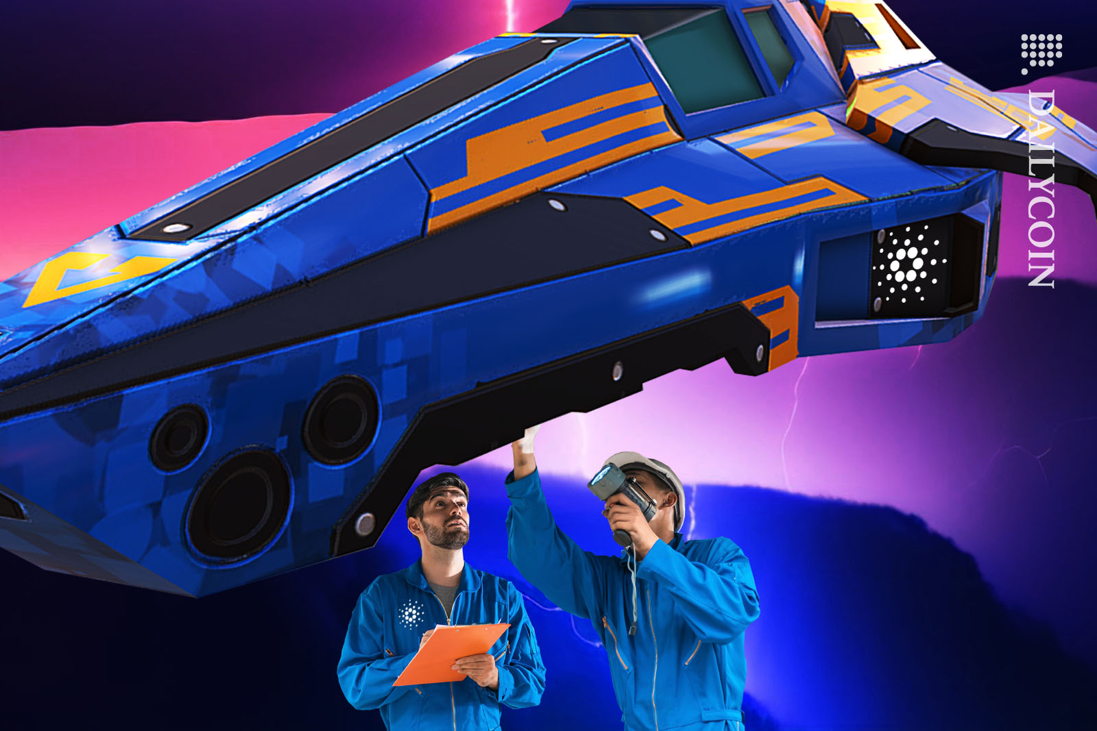 Two mechanics fixing a cardano space racer.