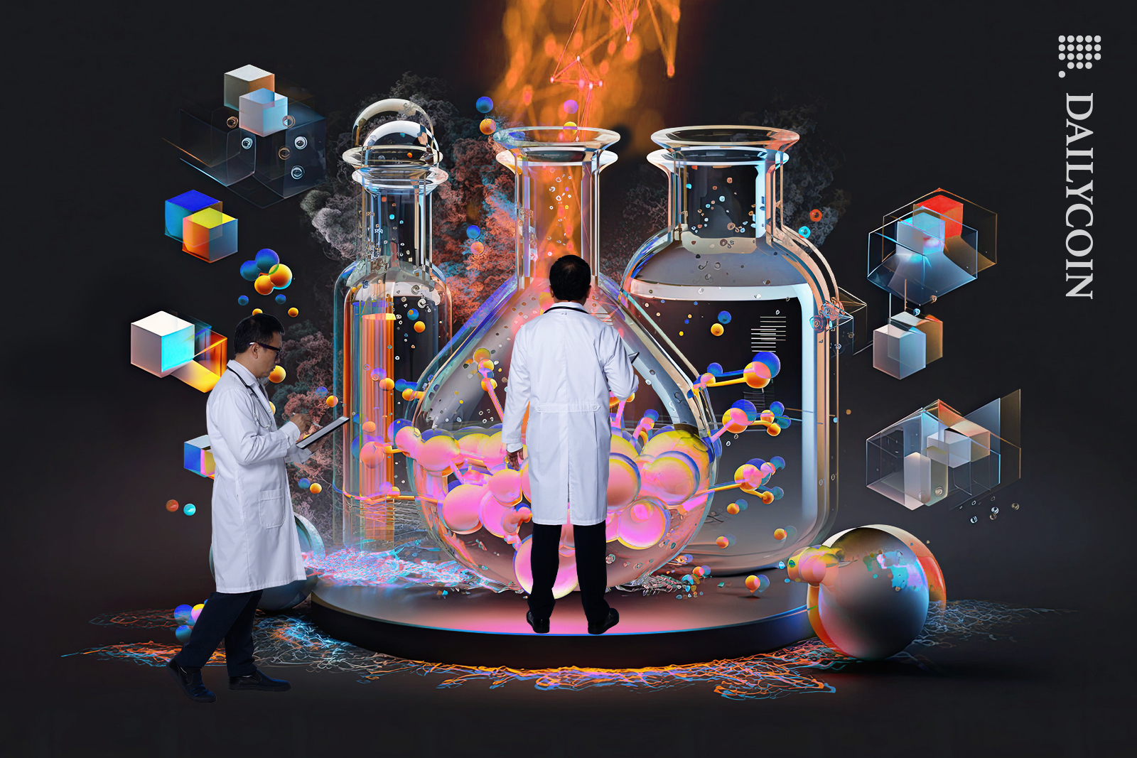 Scientist in a DeFi technology lab working on blockchain in tubes.