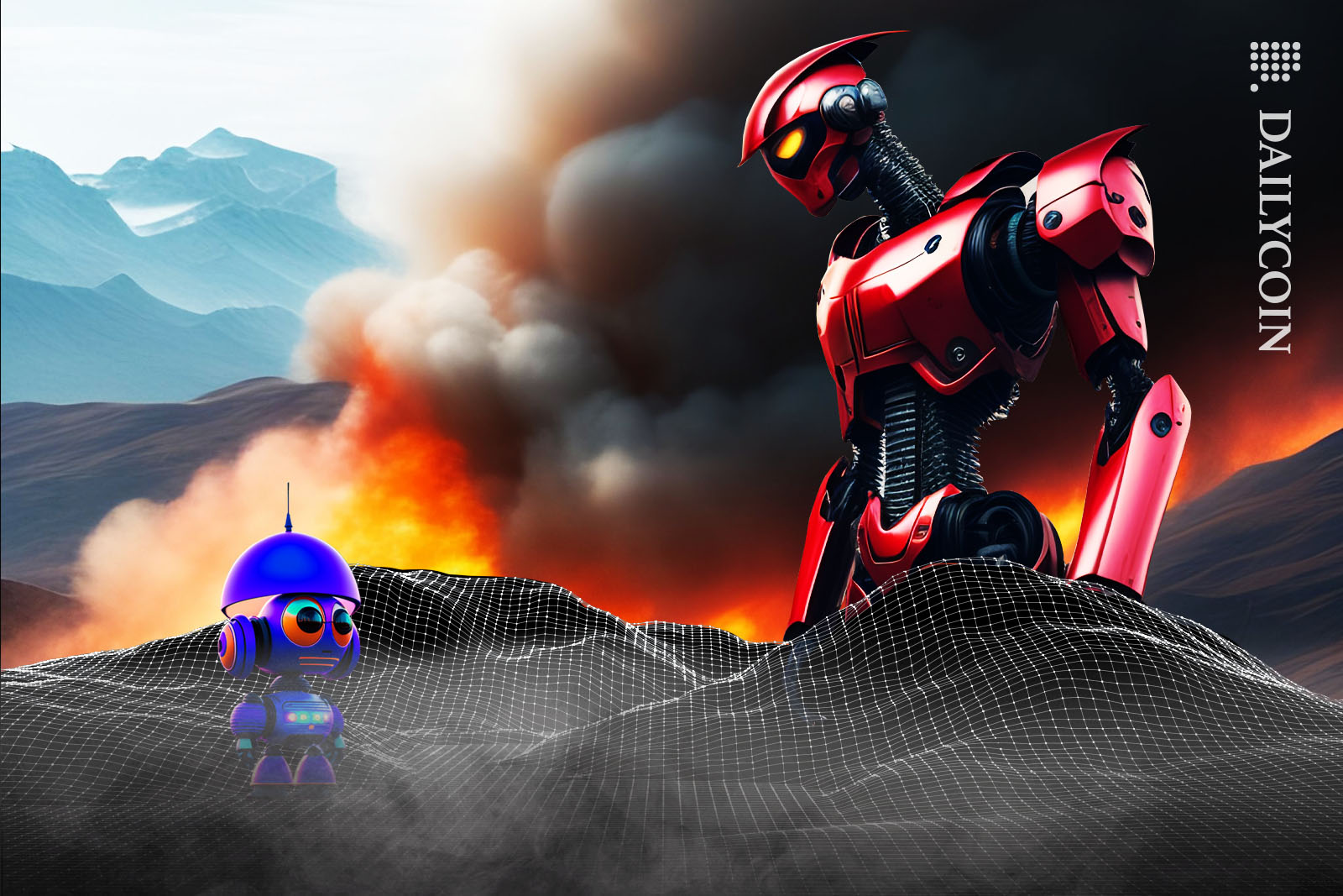 Huge red robot looking down on a much smaller blue robot.