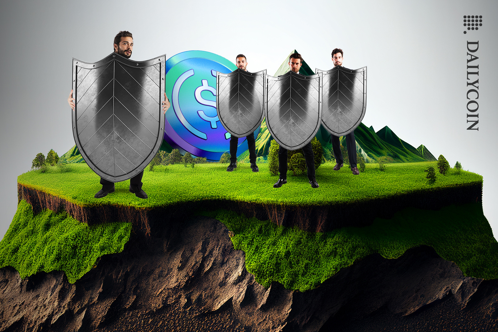 Men on a mountainous island holding big shields in front of Circle USDC.