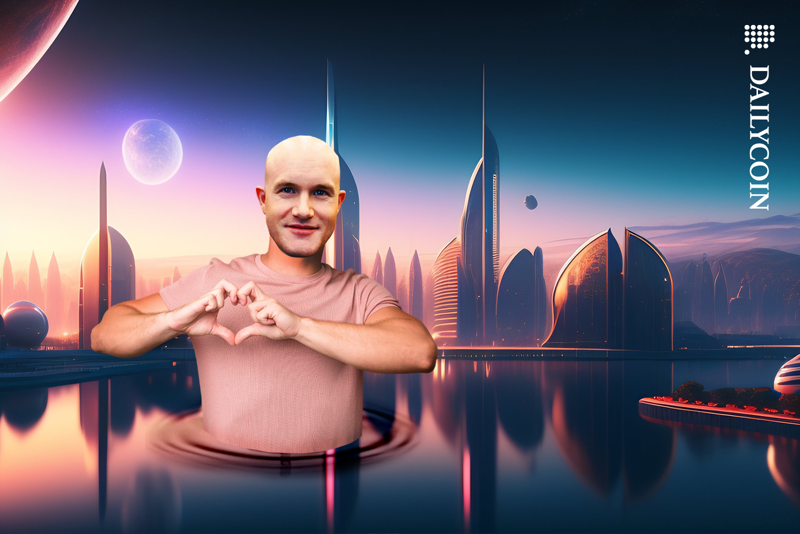 Brian Armstrong showing a heart with his hands and coming out of the water in front of Dubai landscape.