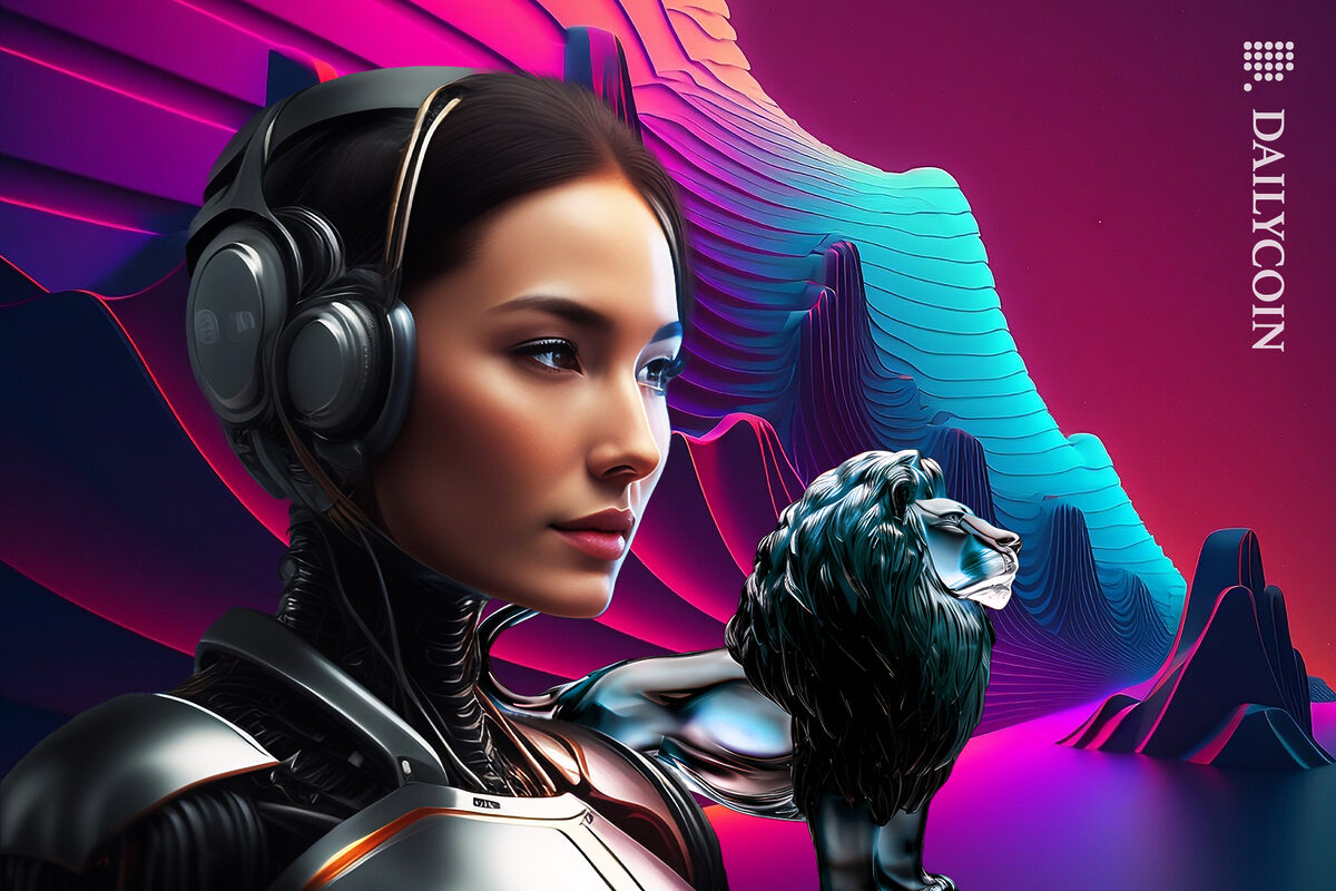Robot lady and a lion behind her with stocks fluctuating in the background.