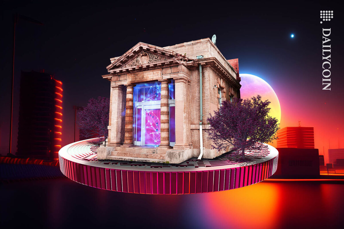 A bank building on a crypto coin hovering above an evening city skyline.