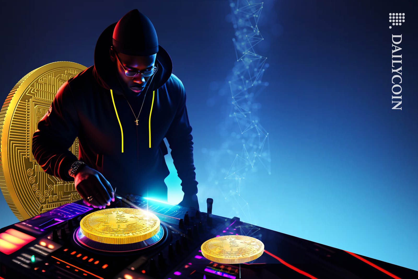Dj mixing up Bitcoins on his turntable.