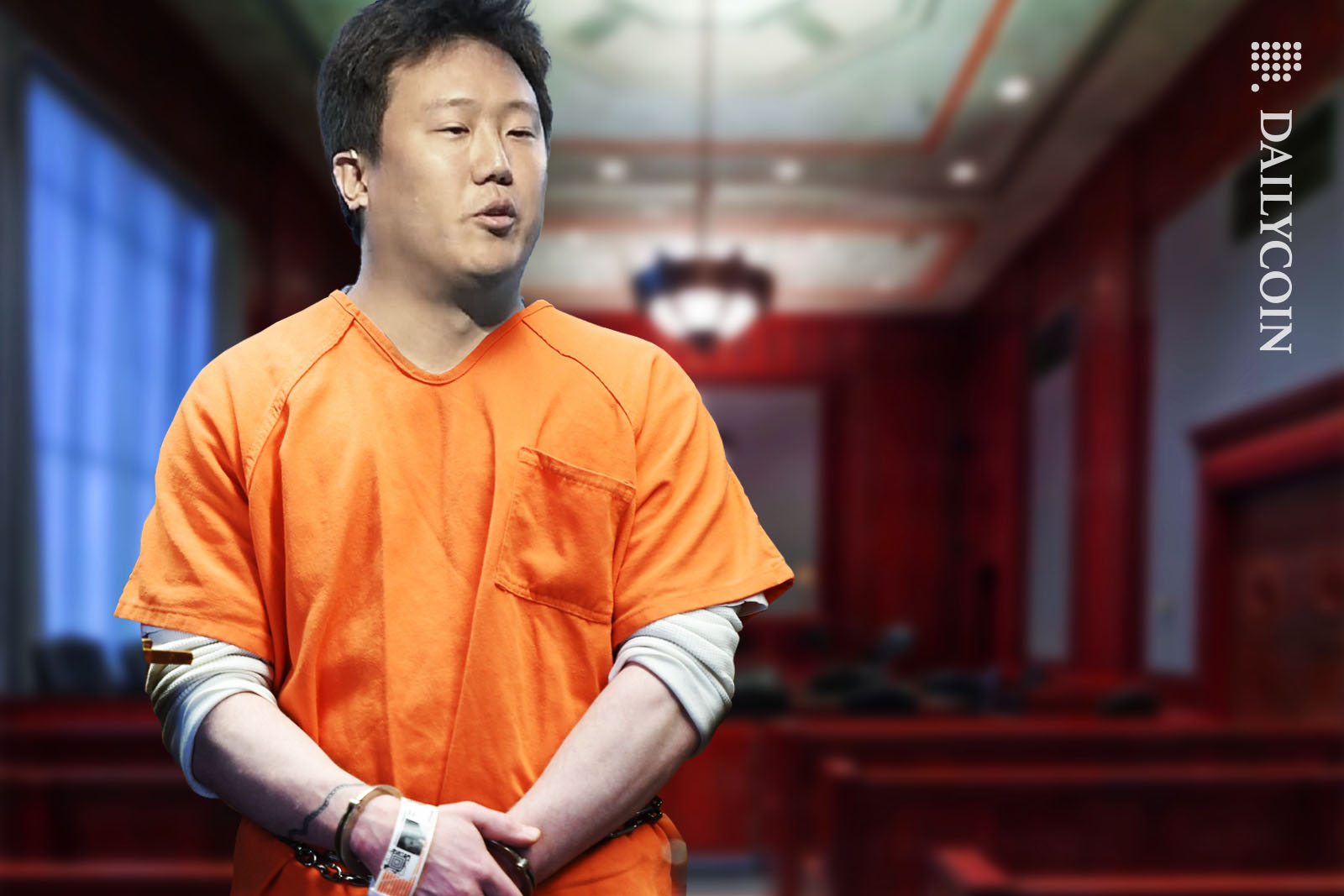 Daniel Shin looking confused in the courtroom.