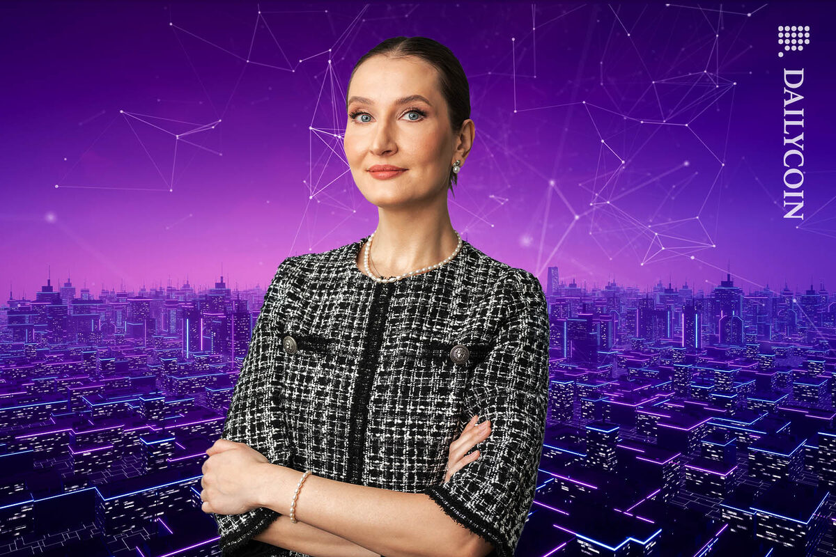 DecentWorld metaverse CEO Lucy Len-Stankus posing in front of the virtual world background.