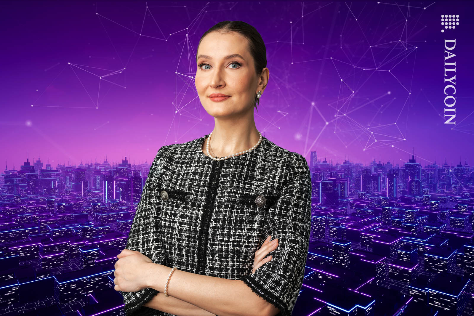 DecentWorld metaverse CEO Lucy Len-Stankus posing in front of the virtual world background.