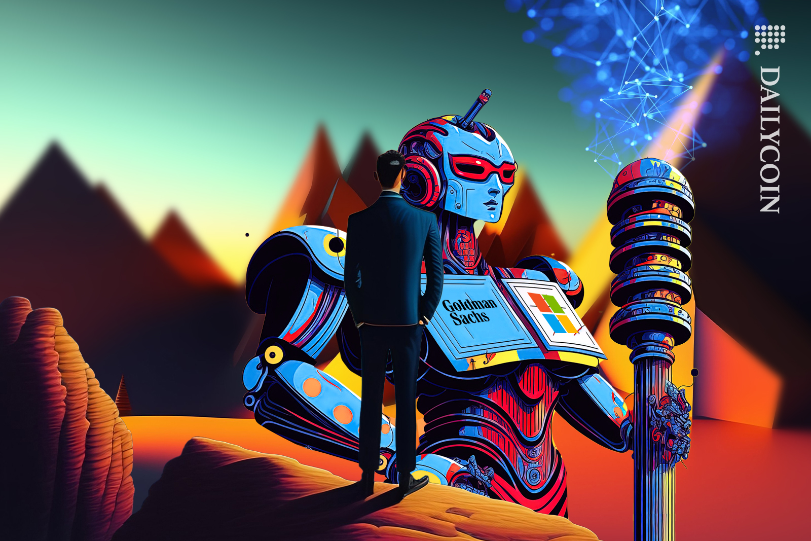 Robot lady in a desert with mountains, holding a scepter with defi connection coming out the top. Also has Goldman Sachs and Microsoft logos on her chest. a man on top of the cliff is watching her.