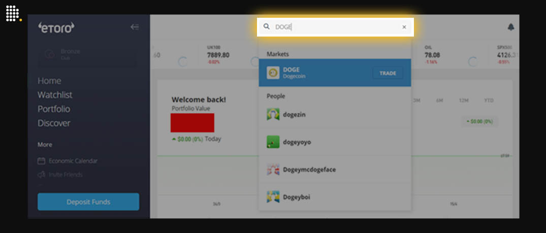 eToro Dashboard search bar with “DOGE” typed in.