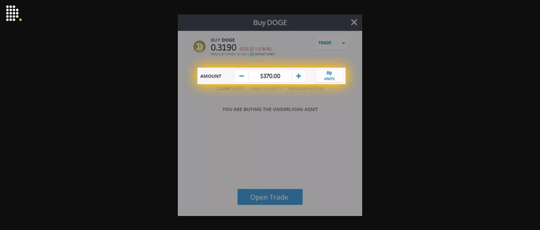 eToro popup window to select the amount of Doge to purchase.
