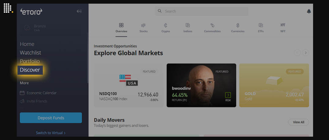 eToro dashboard, Discover page.