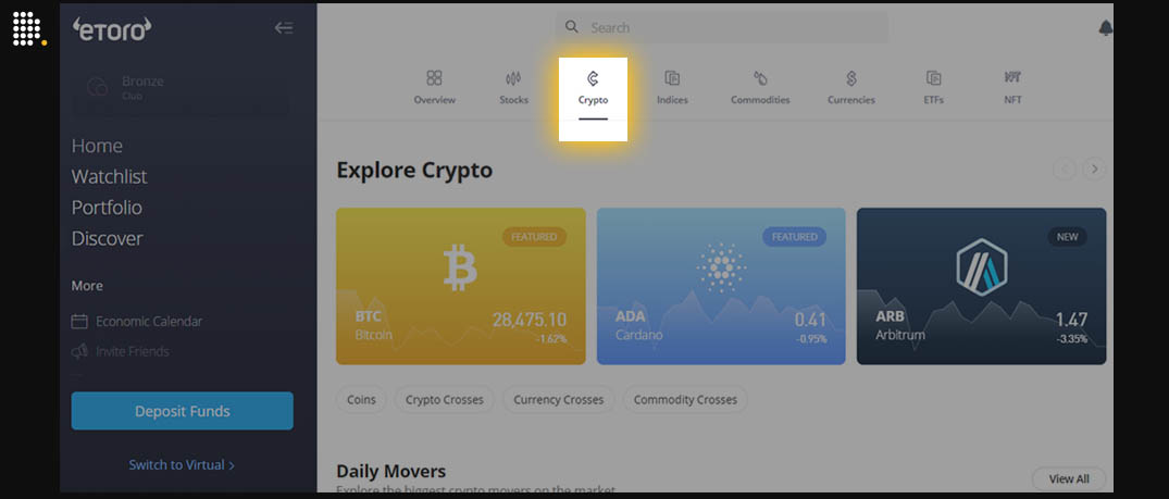 eToro dashboard, Crypto page.