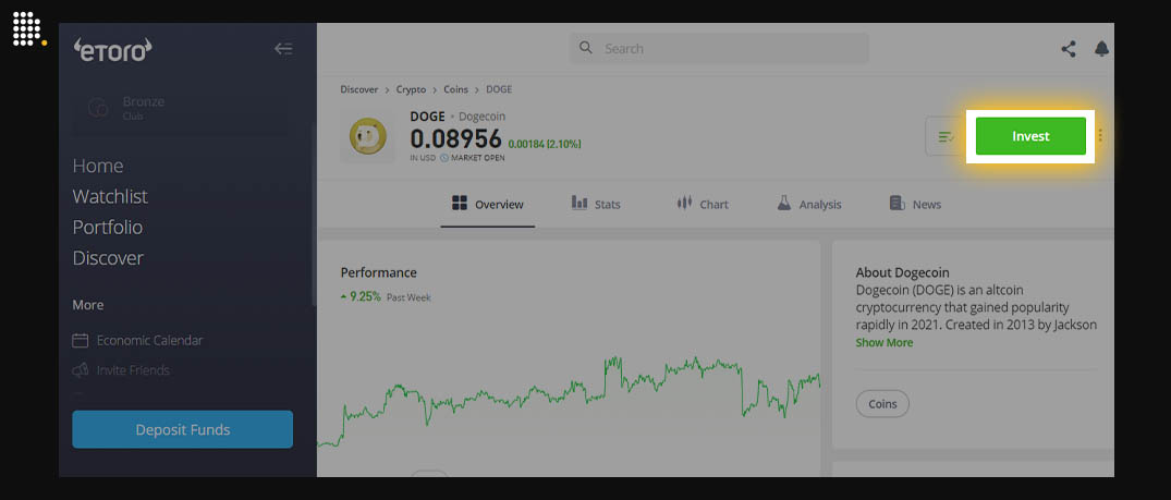 Cryptocurrencies page on eToro dashboard.