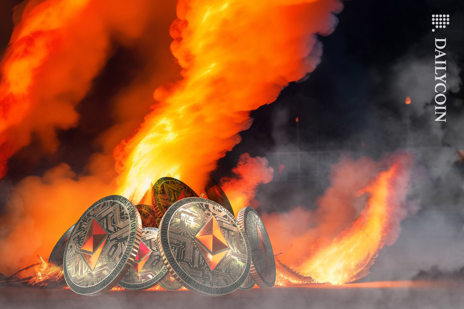 A pile of Ethereum coins burning intensively.