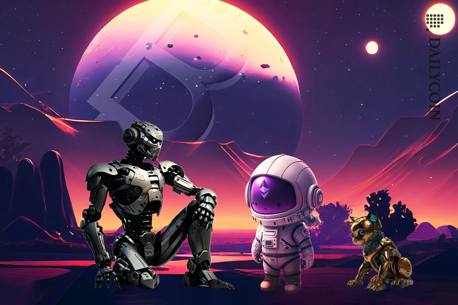 Robot looking at an Ethereum astronaut character, a Bitcoin moon in the background.