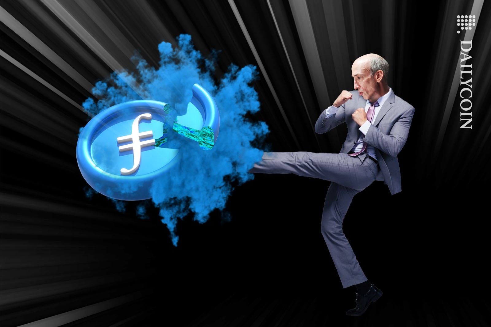 Gery Gensler kicking a Filecoin into pieces.