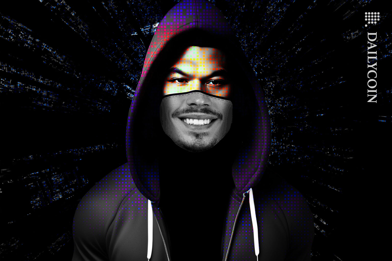 A hacker with a fake smile posing for the camera.