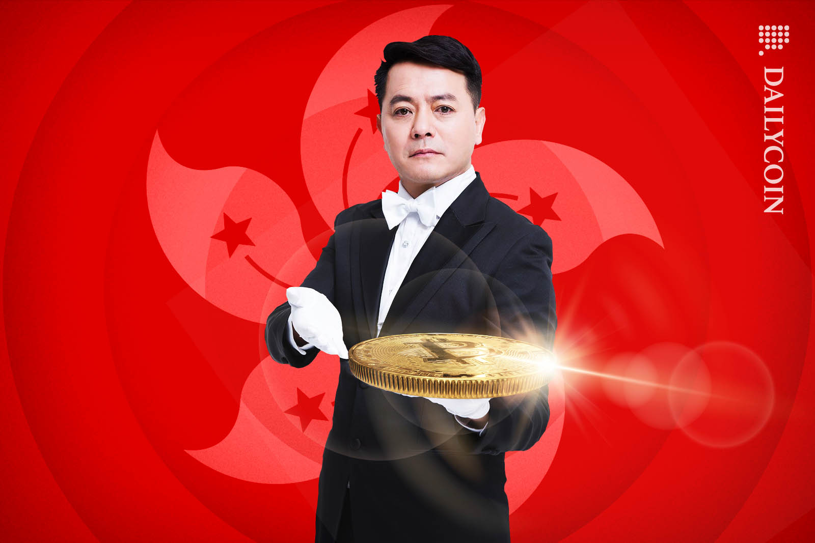 Fancy waiter offering a large bitcoin infront of the symbol of Kong Kong.