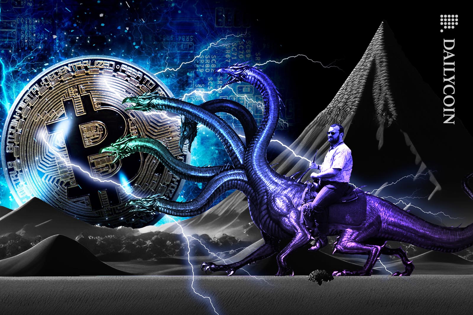 Charles Hoskinson riding a hydra, attacking a Bitcoin.