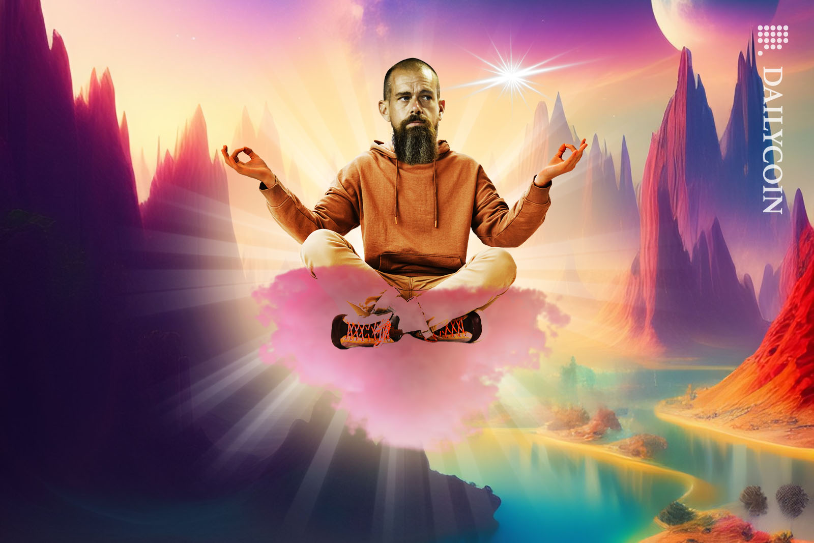 Pi coin fan is floating around a fairytale land on a pink cloud meditating, whilst keeping an eye on Pi Price & a spark next to him.