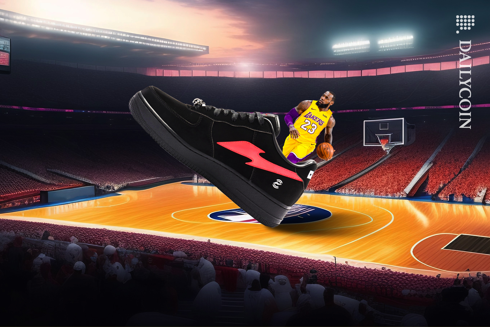 Lebron James rocking RTFKT x NIKE Air Force 1 Low in a basketball court.