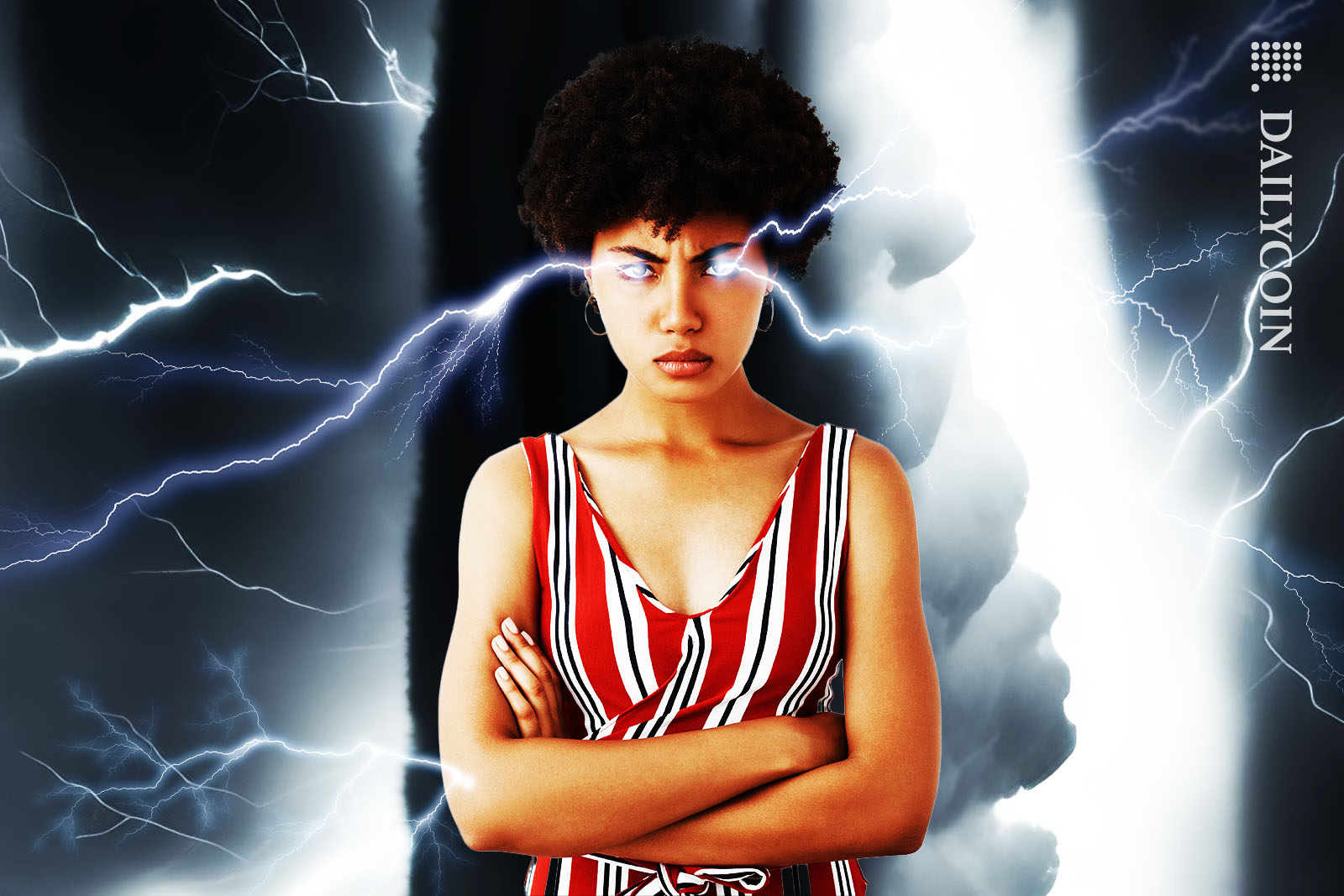 Very angry Pi coin holder lady with lightning strikes coming from her eyes staring at the camera.