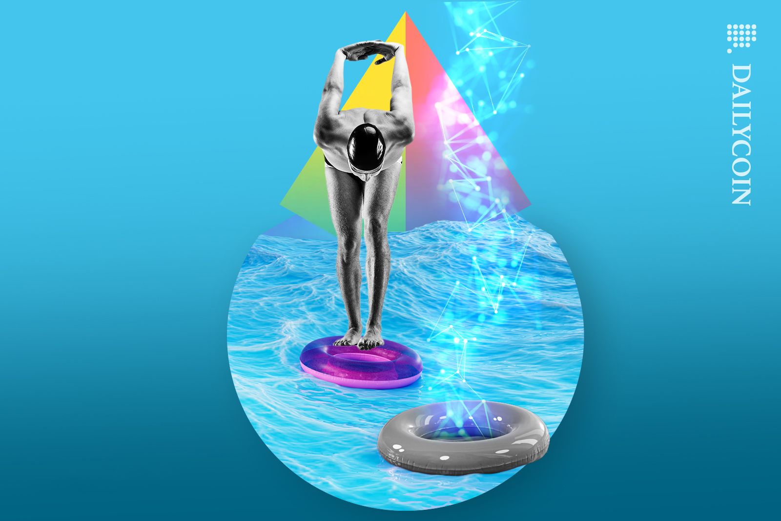 Ocean filling half of the Lido logo with a swimmer ready to dive into a swim ring which has DeFi connection coming out of it.