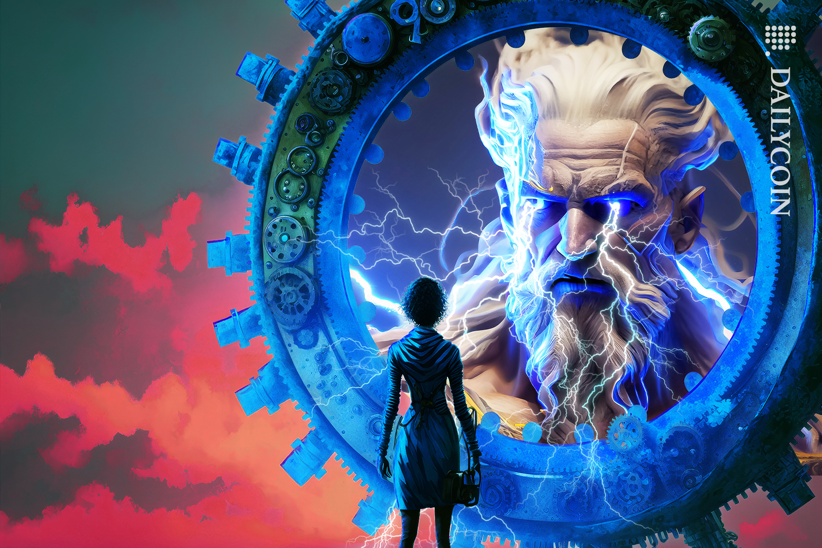 Woman looking into a mechanical circular tool. Inside of it there is Zeus with lightning coming out of his eyes.