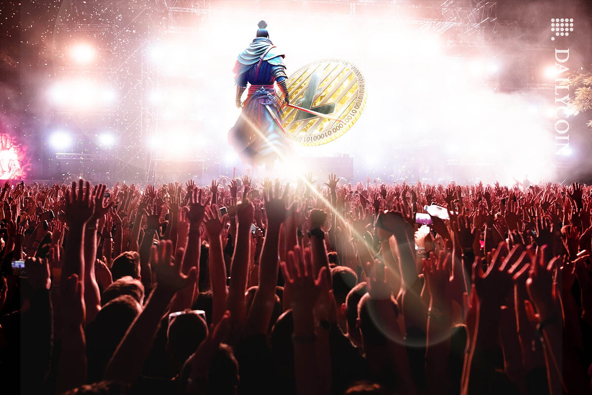 A warrior is about to cut a Litecoin in half infront of a huge excited crowd.