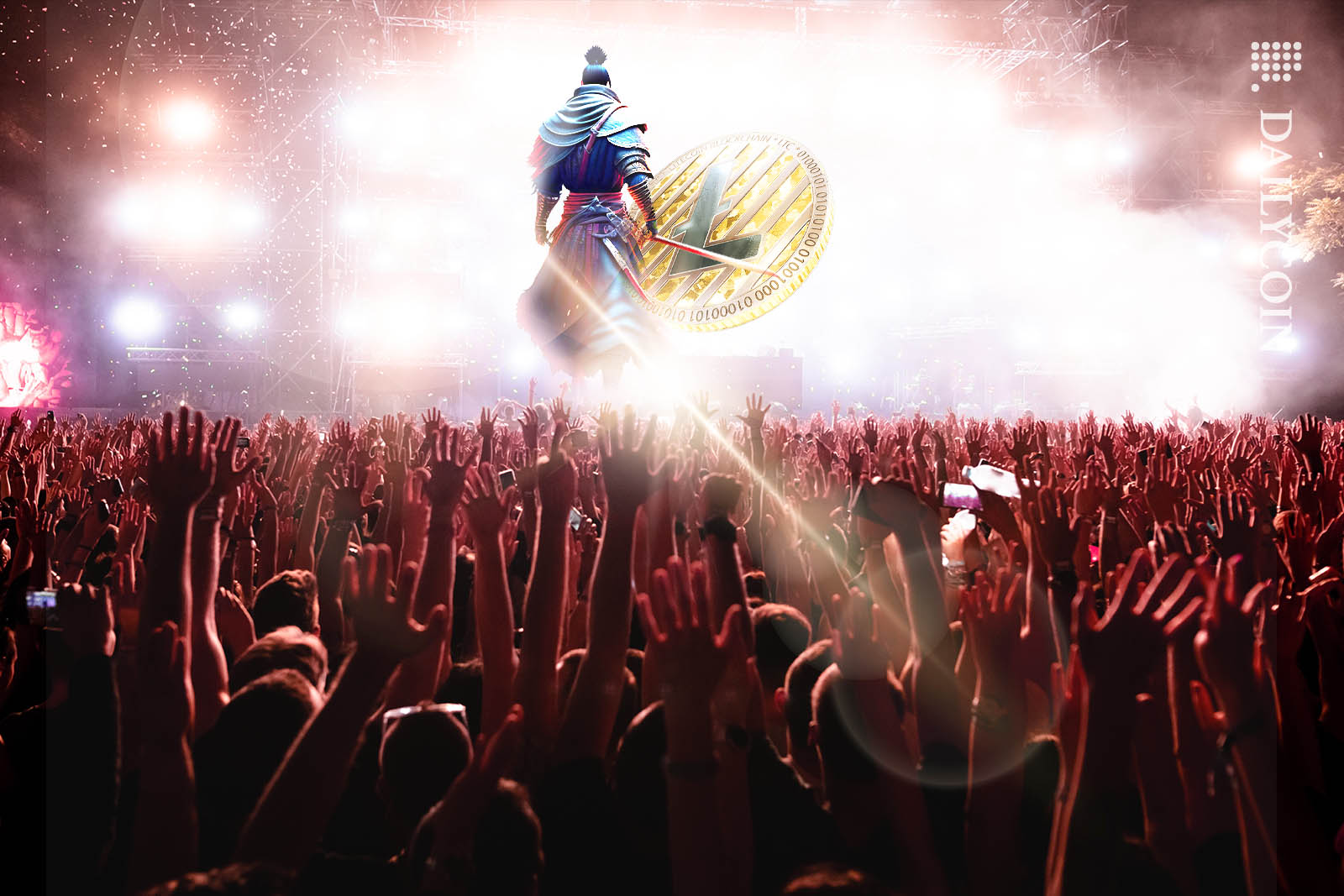 A warrior is about to cut a Litecoin in half infront of a huge excited crowd.