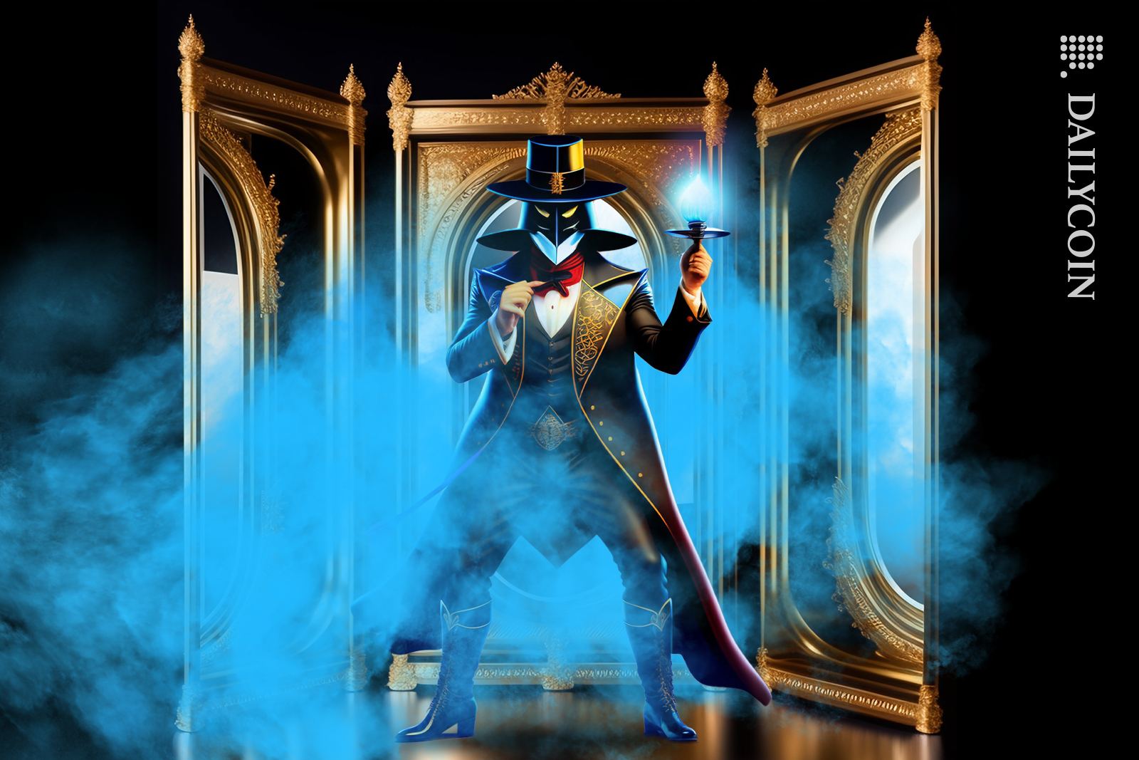 Magician within smoke and mirrors, holding a light.