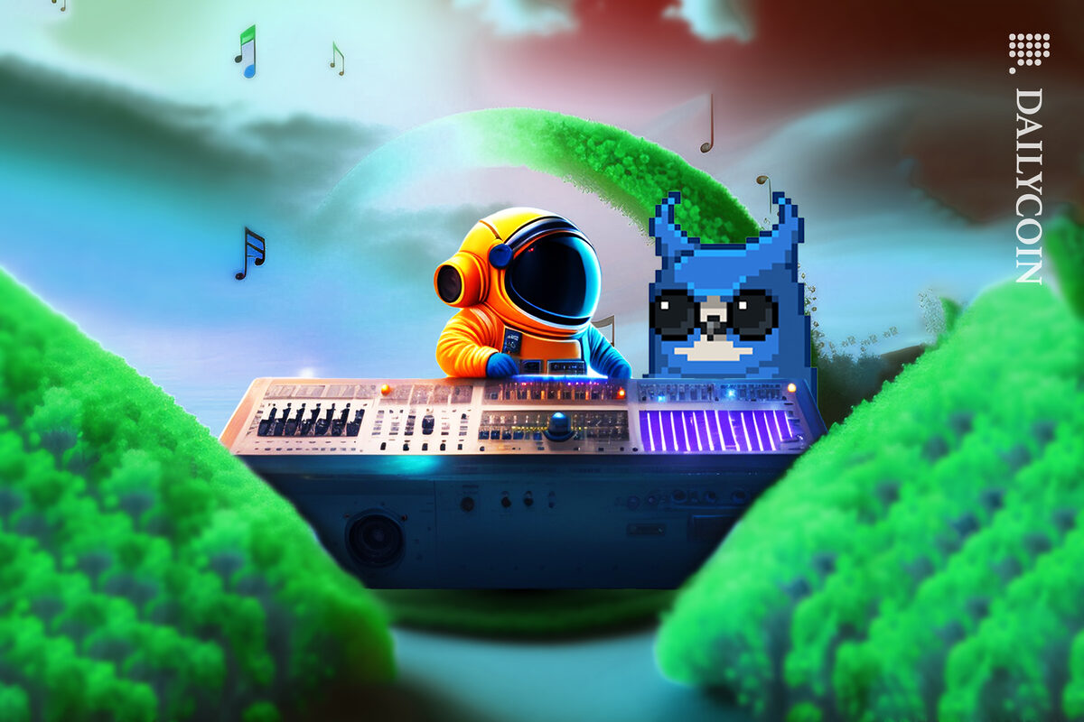 A space boy dj is playing the decks and moonbird nft is staring at him.